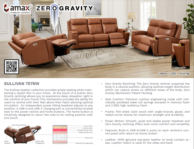 Amax Leather Sullivan Power Leather Recliner 7076W-10P2Z Cognac